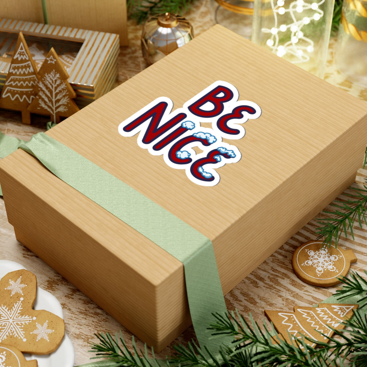 Be Nice Sticker - Winter Themed with Icy Snow-Covered Text