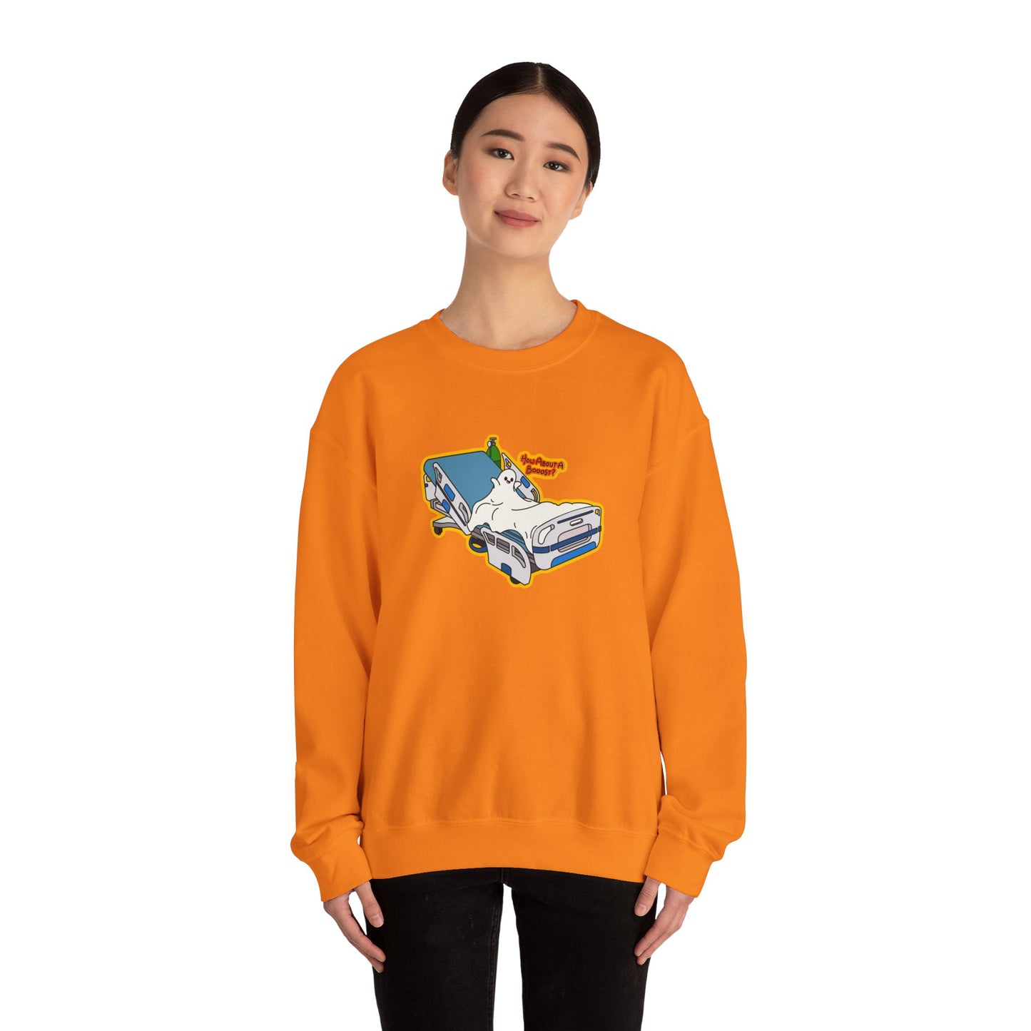 How About A Booost Sweatshirt, Funny Halloween, Spooky Nurse and Medical Humor Apparel, Great Gift For Nurses, CNAs, PCAs