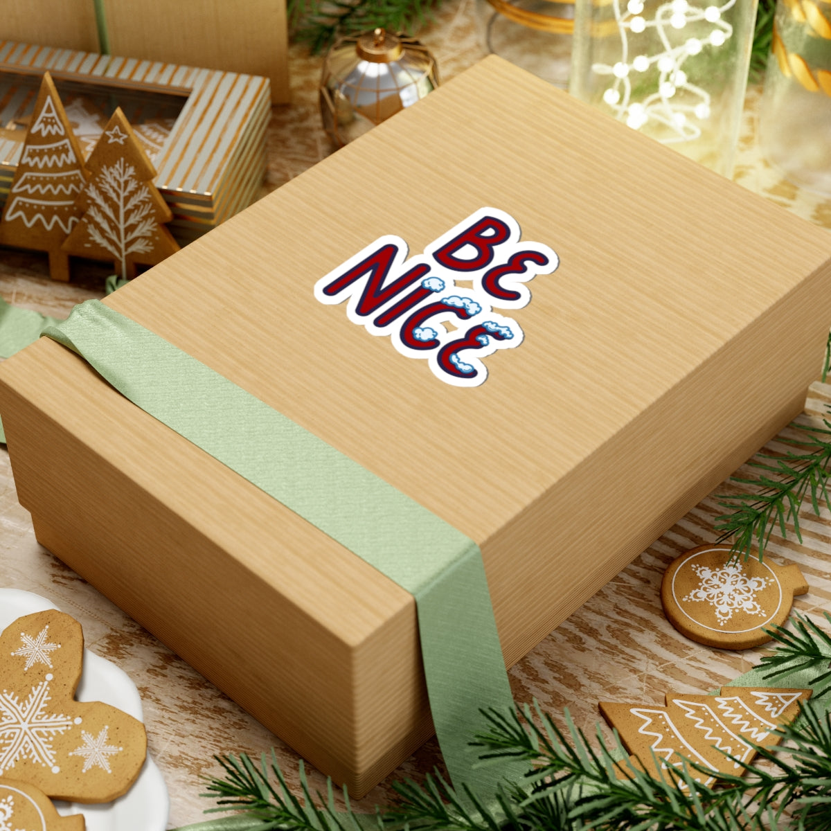 Be Nice Sticker - Winter Themed with Icy Snow-Covered Text