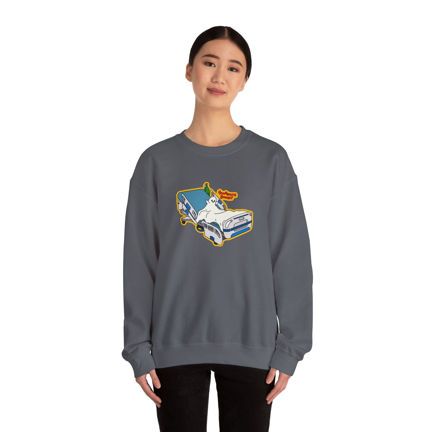 How About A Booost Sweatshirt, Funny Halloween, Spooky Nurse and Medical Humor Apparel, Great Gift For Nurses, CNAs, PCAs