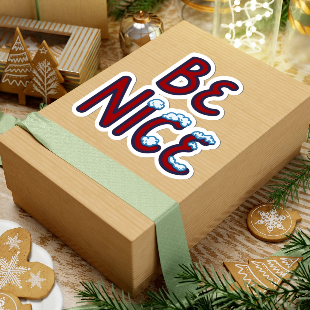 Be Nice Sticker - Winter Themed with Icy Snow-Covered Text