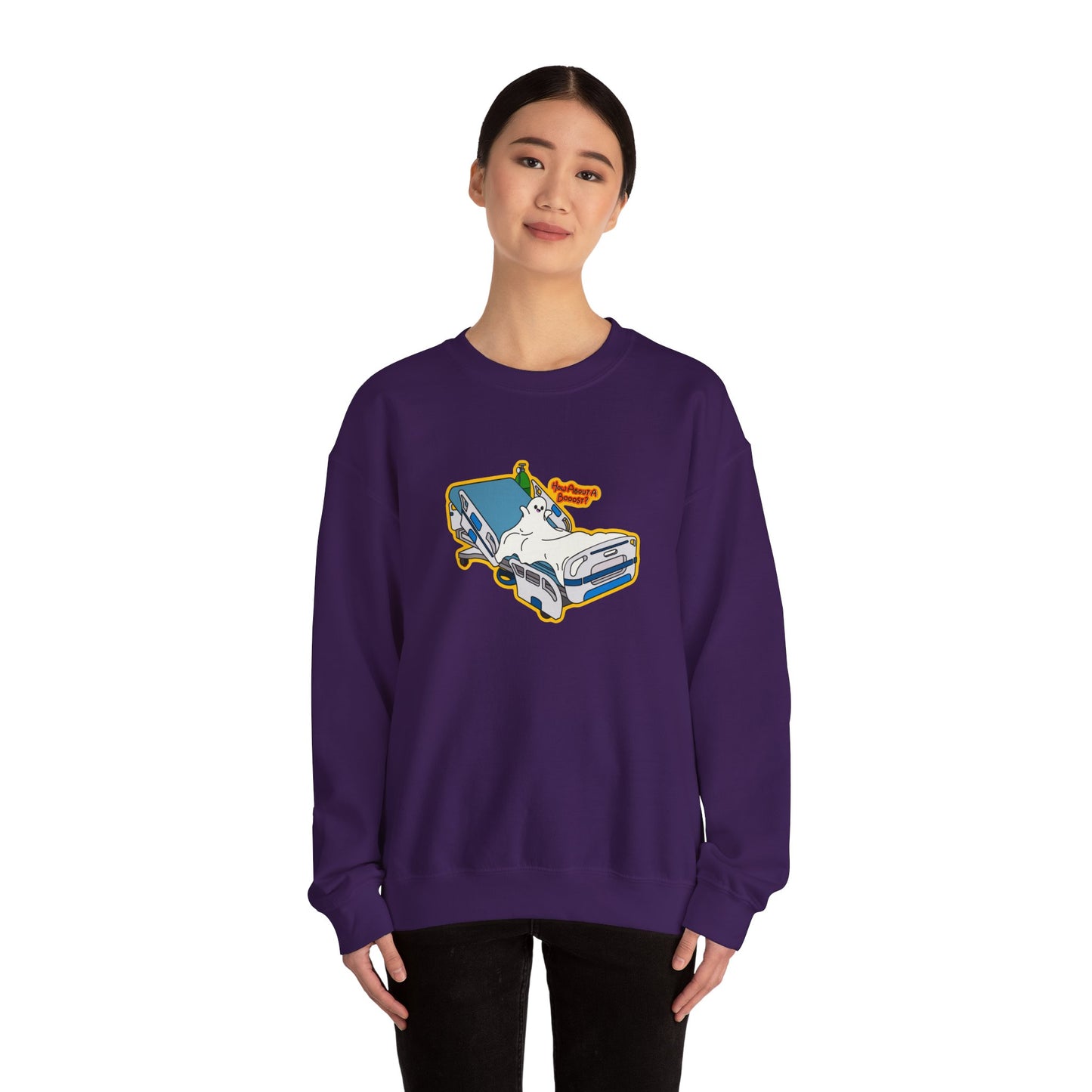 How About A Booost Sweatshirt, Funny Halloween, Spooky Nurse and Medical Humor Apparel, Great Gift For Nurses, CNAs, PCAs