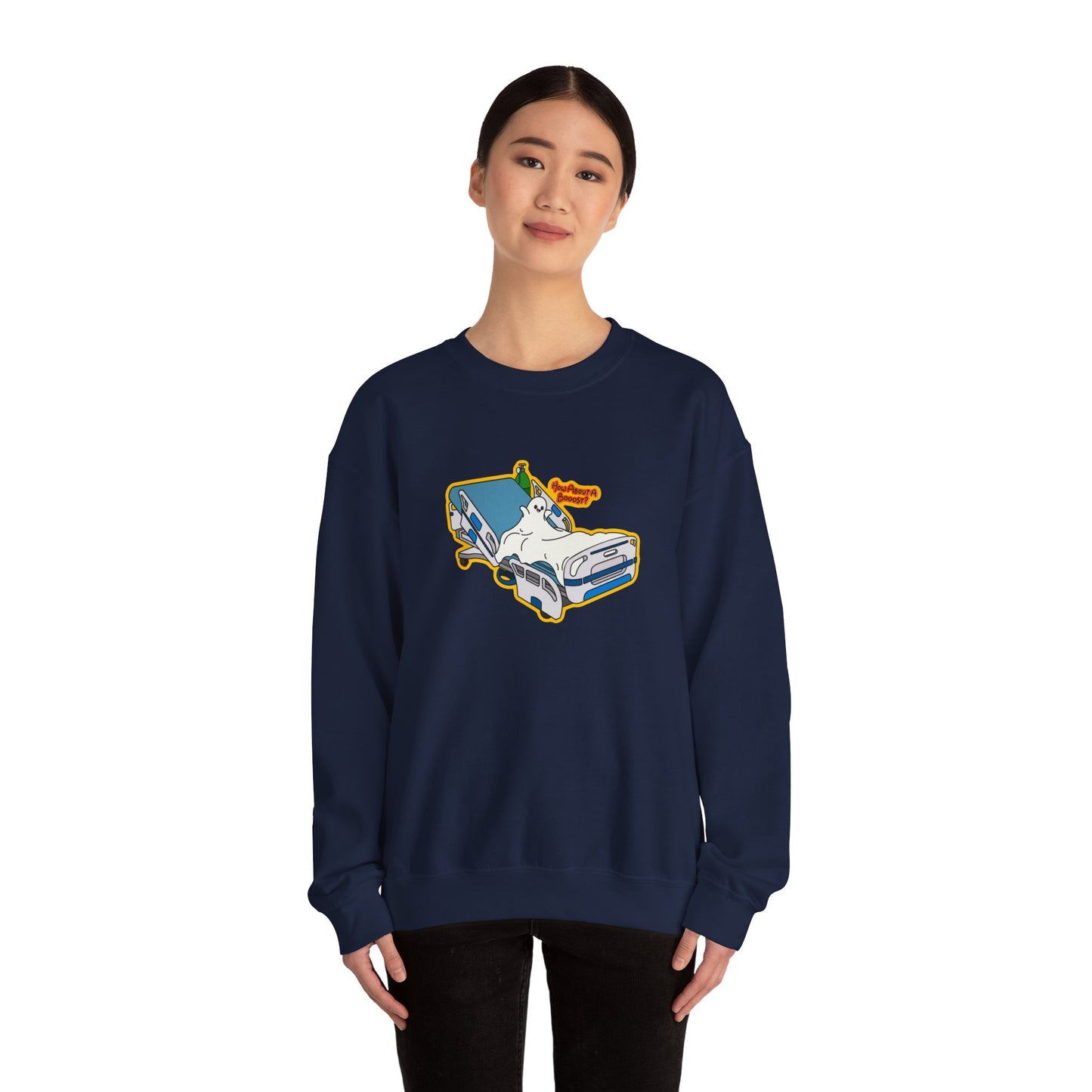 How About A Booost Sweatshirt, Funny Halloween, Spooky Nurse and Medical Humor Apparel, Great Gift For Nurses, CNAs, PCAs