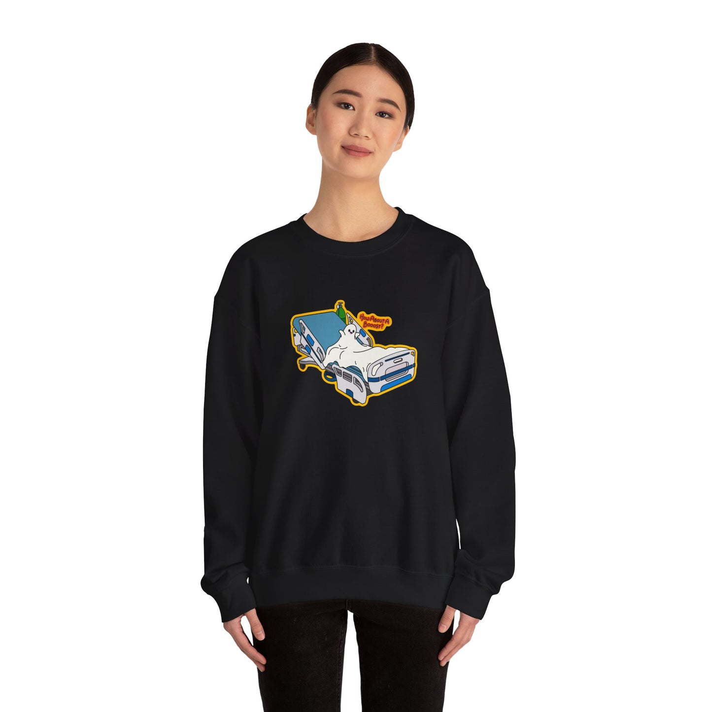 How About A Booost Sweatshirt, Funny Halloween, Spooky Nurse and Medical Humor Apparel, Great Gift For Nurses, CNAs, PCAs