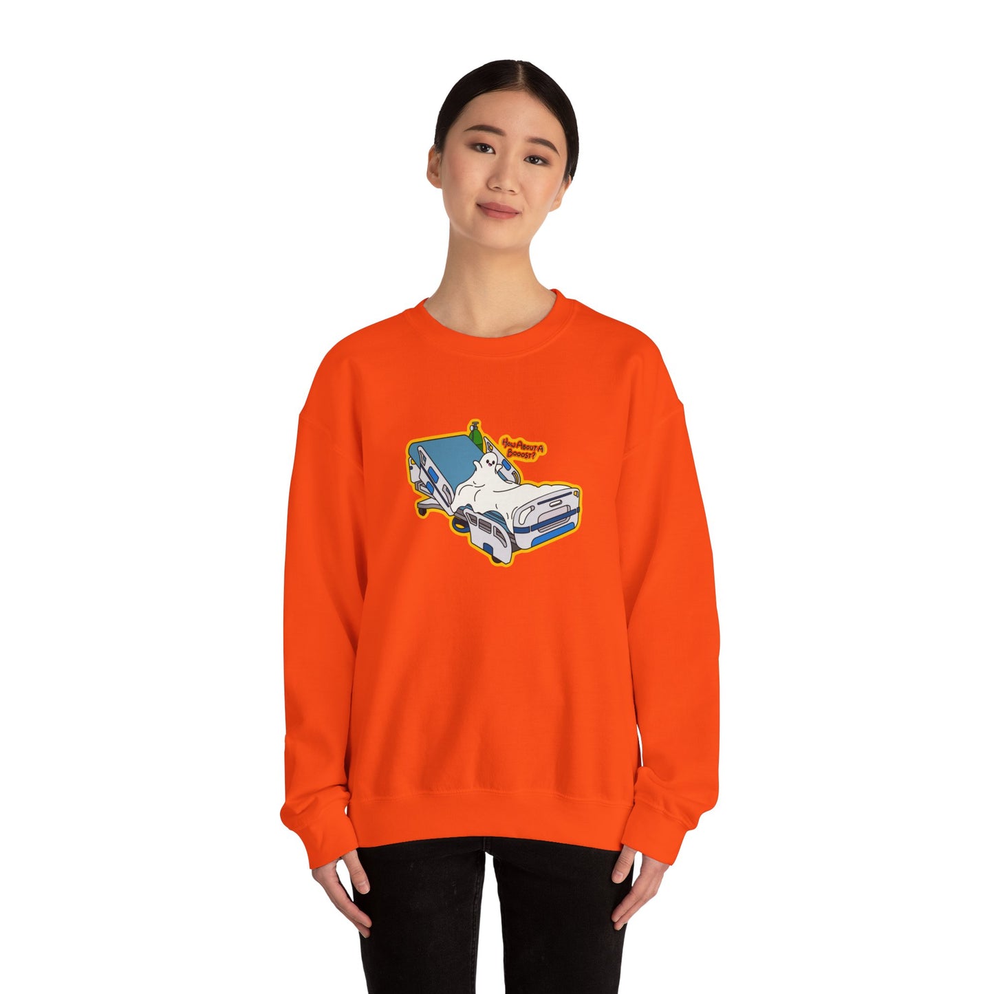 How About A Booost Sweatshirt, Funny Halloween, Spooky Nurse and Medical Humor Apparel, Great Gift For Nurses, CNAs, PCAs