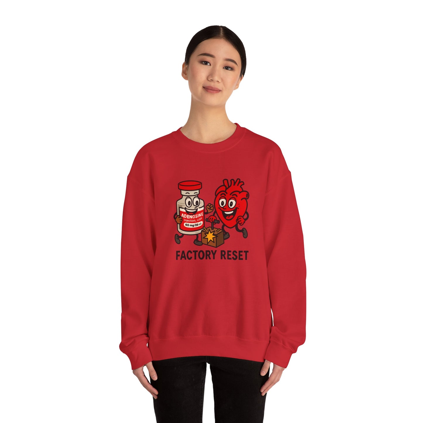 Adenosine & Heart “Factory Reset” Funny Nurse Sweatshirt for ICU, ER, Cath lab nurses, Cardiologists