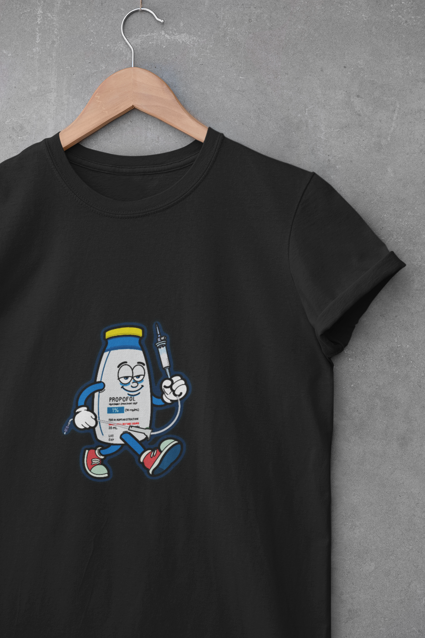 Propofol Pete - Funny Propofol Bottle Cartoon T-shirt for Nurses & Doctors