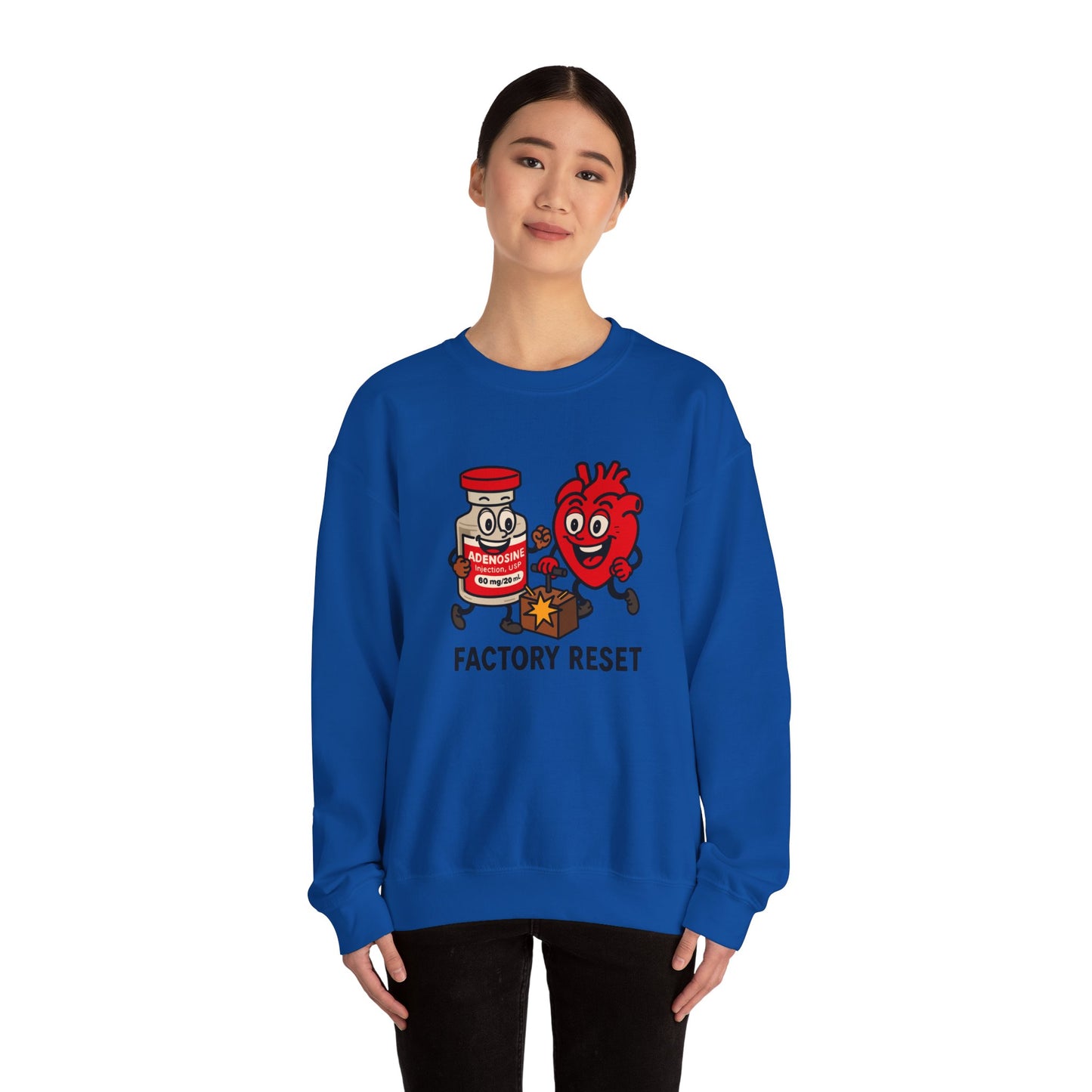 Adenosine & Heart “Factory Reset” Funny Nurse Sweatshirt for ICU, ER, Cath lab nurses, Cardiologists
