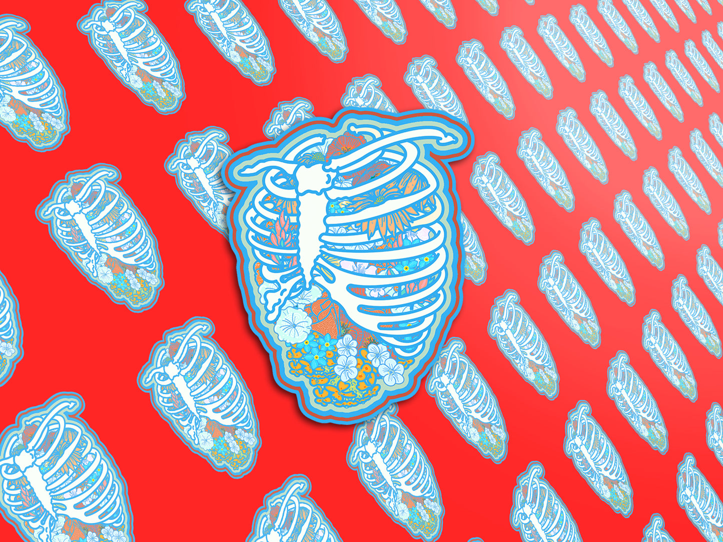 Blooming From Within Sticker, Anatomical Rib Cage with Flowers