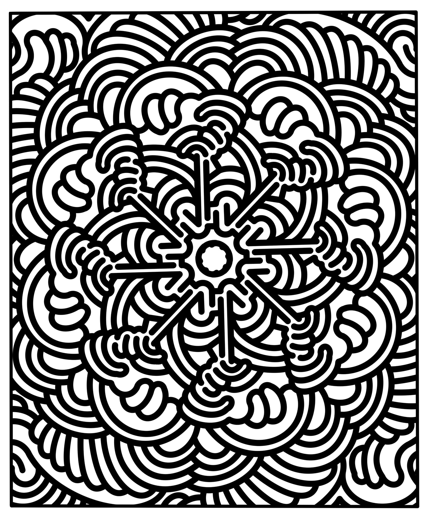 Black and white intricate geometric pattern coloring page. 