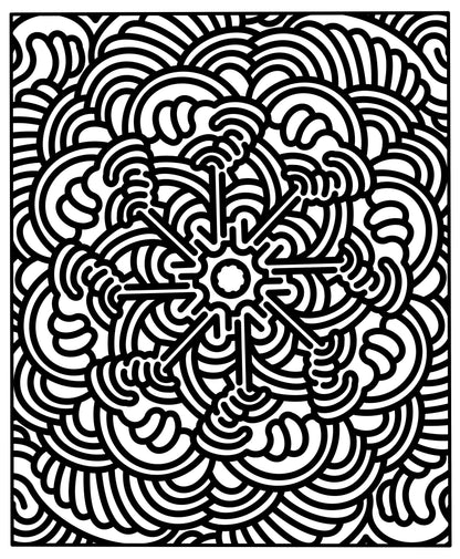 Black and white intricate geometric pattern coloring page. 