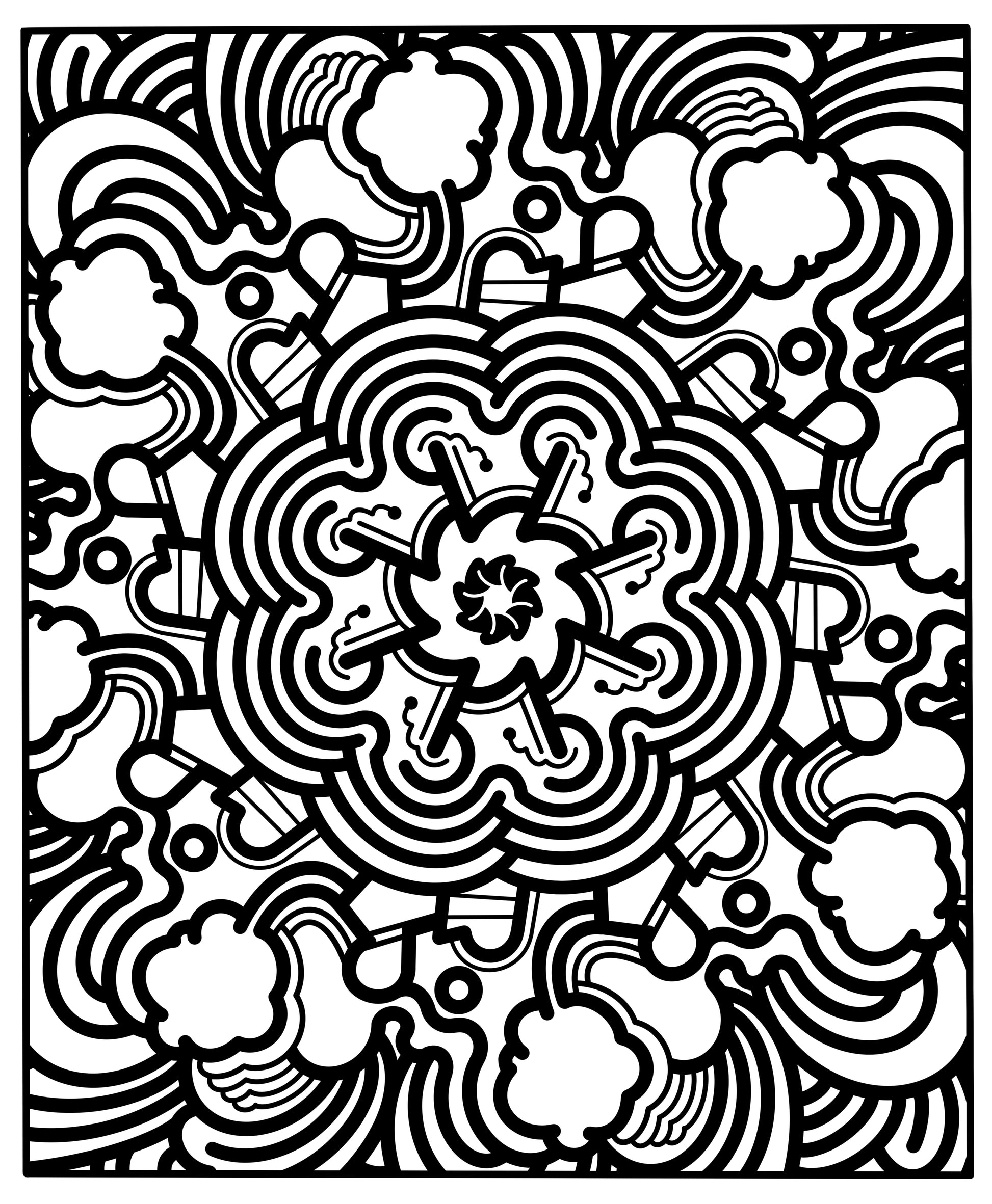 Black and white intricate pattern with geometric shapes and abstract designs.