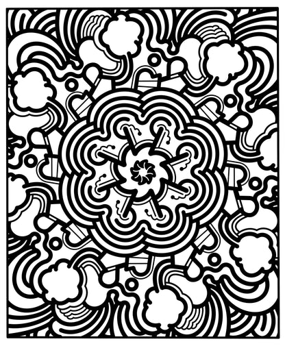 Black and white intricate pattern with geometric shapes and abstract designs.
